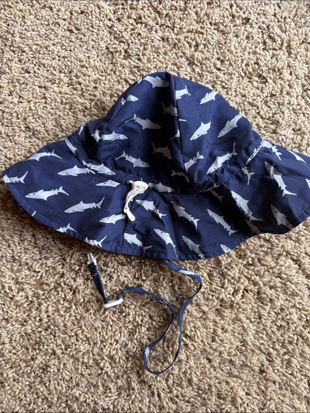 Children's Navy Shark Print Sun Hat with Chin Strap